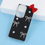For Samsung Galaxy S23 Ultra Case Pearl Bow Decor PC + TPU IMD Phone Cover with Rhinestone Camera Ring