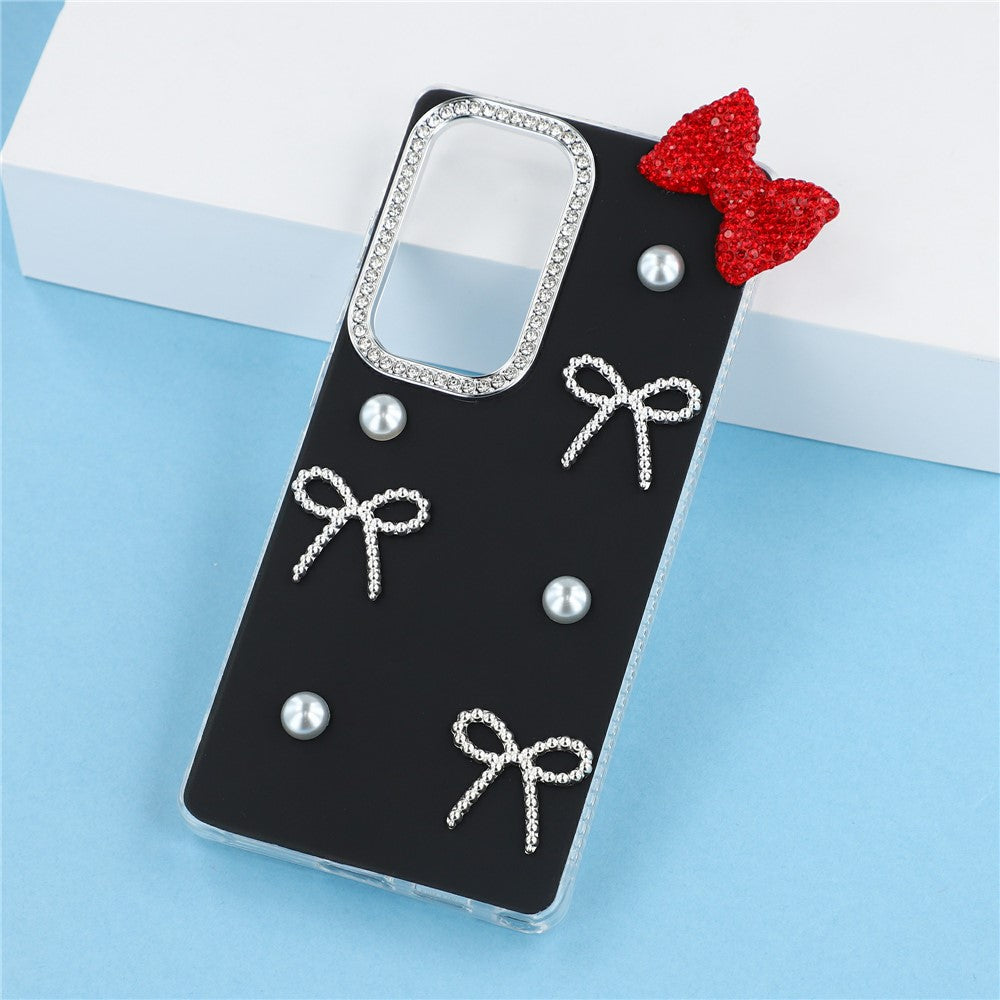 For Samsung Galaxy S23 Ultra Case Pearl Bow Decor PC + TPU IMD Phone Cover with Rhinestone Camera Ring