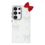 For Samsung Galaxy S23 Ultra Case Pearl Bow Decor PC + TPU IMD Phone Cover with Rhinestone Camera Ring