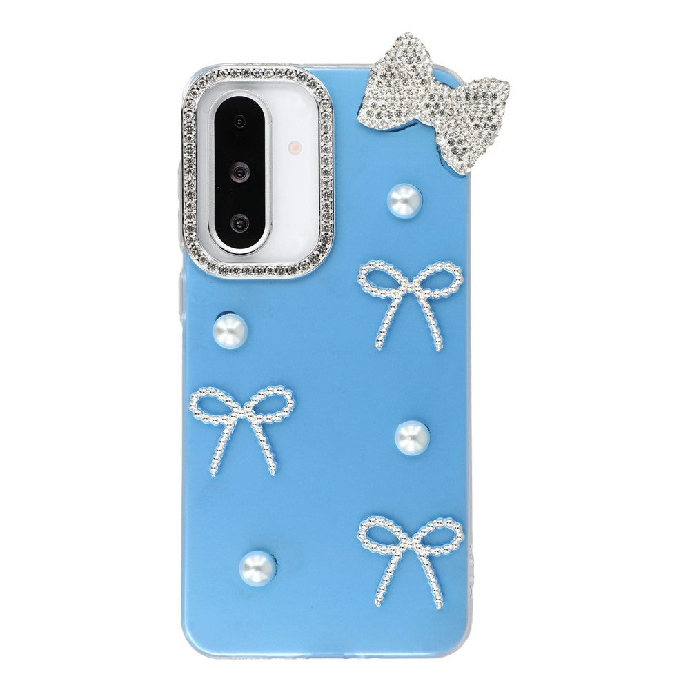 For Samsung Galaxy A27 5G Case Pearl Bow Decor PC + TPU IMD Phone Cover with Rhinestone Camera Ring