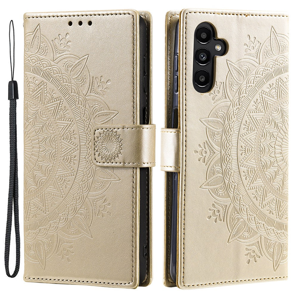 Til Samsung Galaxy A34 5G præget Mandala Blomst PU Læder Stødsikkert Pung Etui Magnetisk Lukning Flip Stativ Telefon Cover med Rem