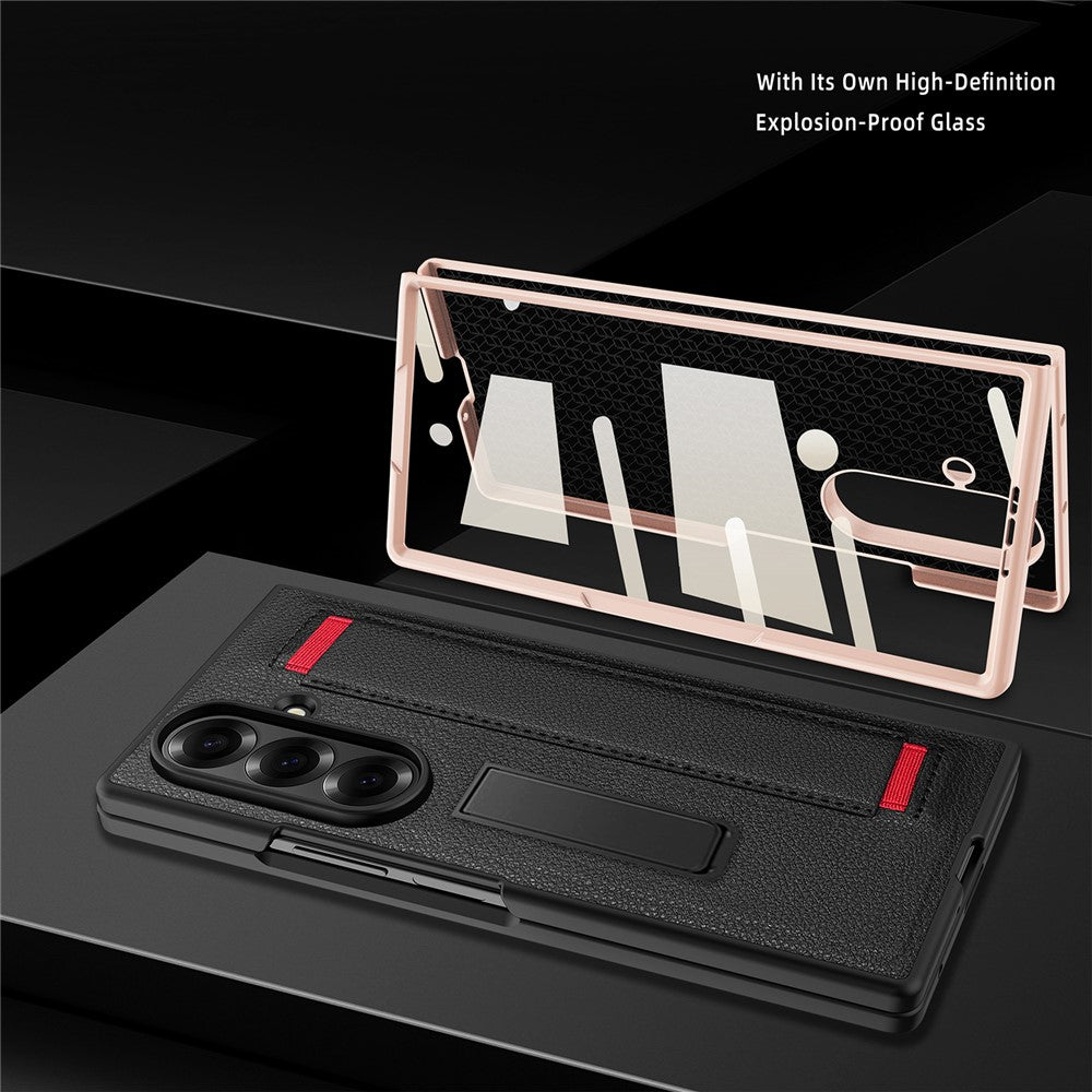 Til Samsung Galaxy Z Fold8 Ultra Cover med Skjult Støttefod, Litchi Tekstur Læder Beskyttelsescover med Hærdet Glasfilm