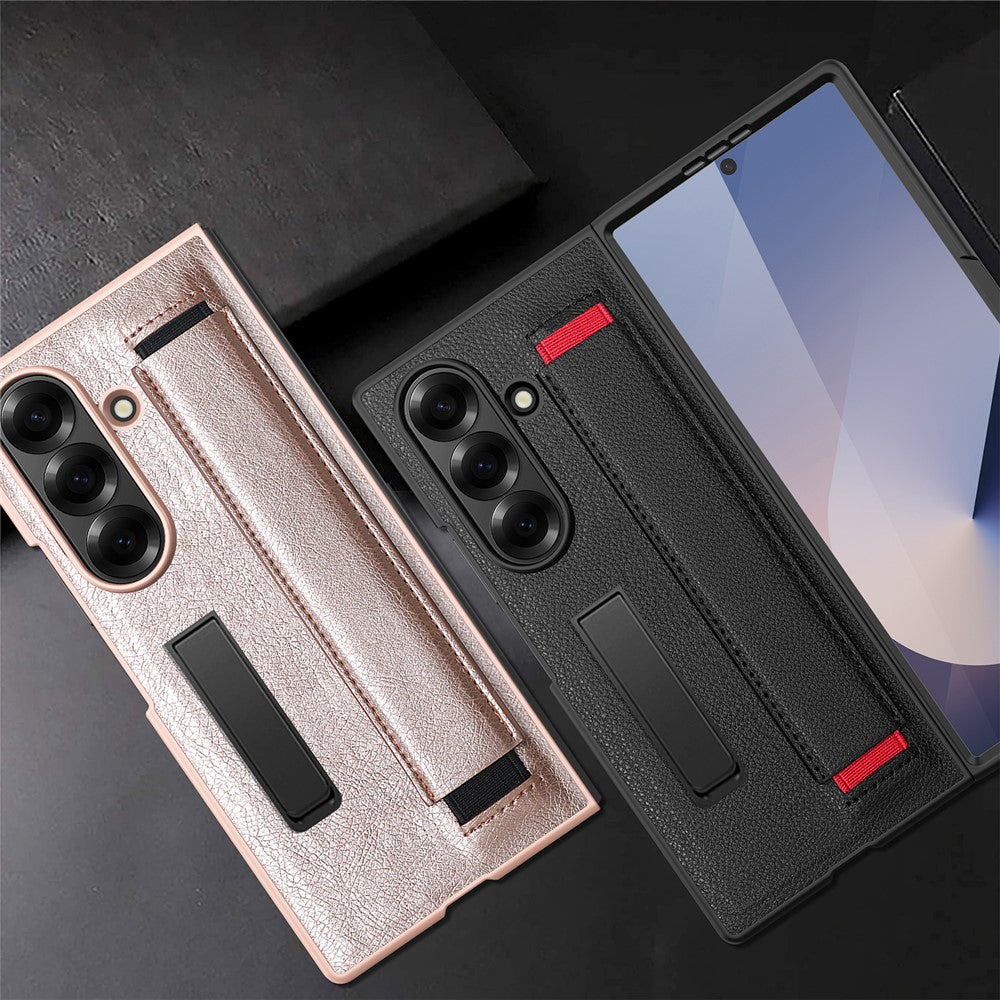 Til Samsung Galaxy Z Fold8 Ultra Cover med Skjult Støttefod, Litchi Tekstur Læder Beskyttelsescover med Hærdet Glasfilm