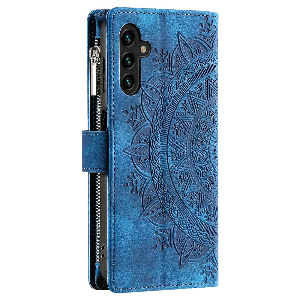 Samsung Galaxy A34 5G PU-læder, præget mandala-blomst, tegnebogsetui med lynlås, magnetisk lukning, flere kortlommer, stativ, flip-mobilcover med rem