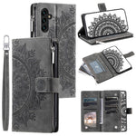 Samsung Galaxy A34 5G PU-læder, præget mandala-blomst, tegnebogsetui med lynlås, magnetisk lukning, flere kortlommer, stativ, flip-mobilcover med rem