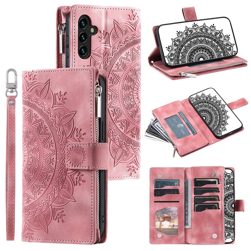 Samsung Galaxy A34 5G PU-læder, præget mandala-blomst, tegnebogsetui med lynlås, magnetisk lukning, flere kortlommer, stativ, flip-mobilcover med rem