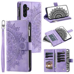 Samsung Galaxy A34 5G PU-læder, præget mandala-blomst, tegnebogsetui med lynlås, magnetisk lukning, flere kortlommer, stativ, flip-mobilcover med rem