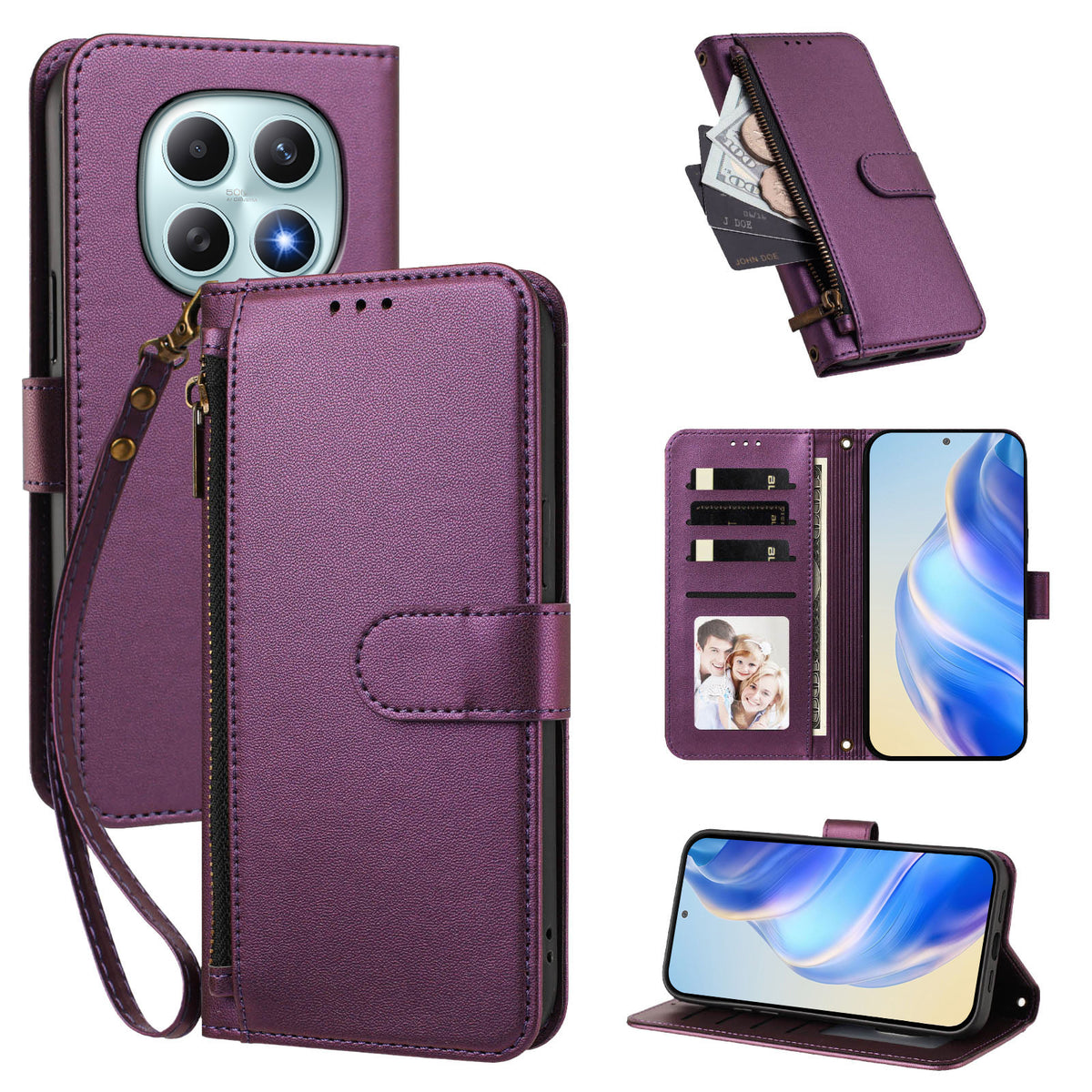 Xiaomi Poco M8 5G / Xiaomi Redmi Note 15 4G (Global) / Xiaomi Redmi Note 15 5G (Global) etui med 4 kortlommer, PU-lædertegnebogsetui til mobil med håndledsrem