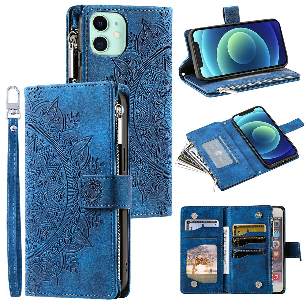 iPhone 12 mini 5,4 tums mobilstativ Flera kortfack PU-läder plånbok dragkedja ficka mandala blomma präglad mobilskal