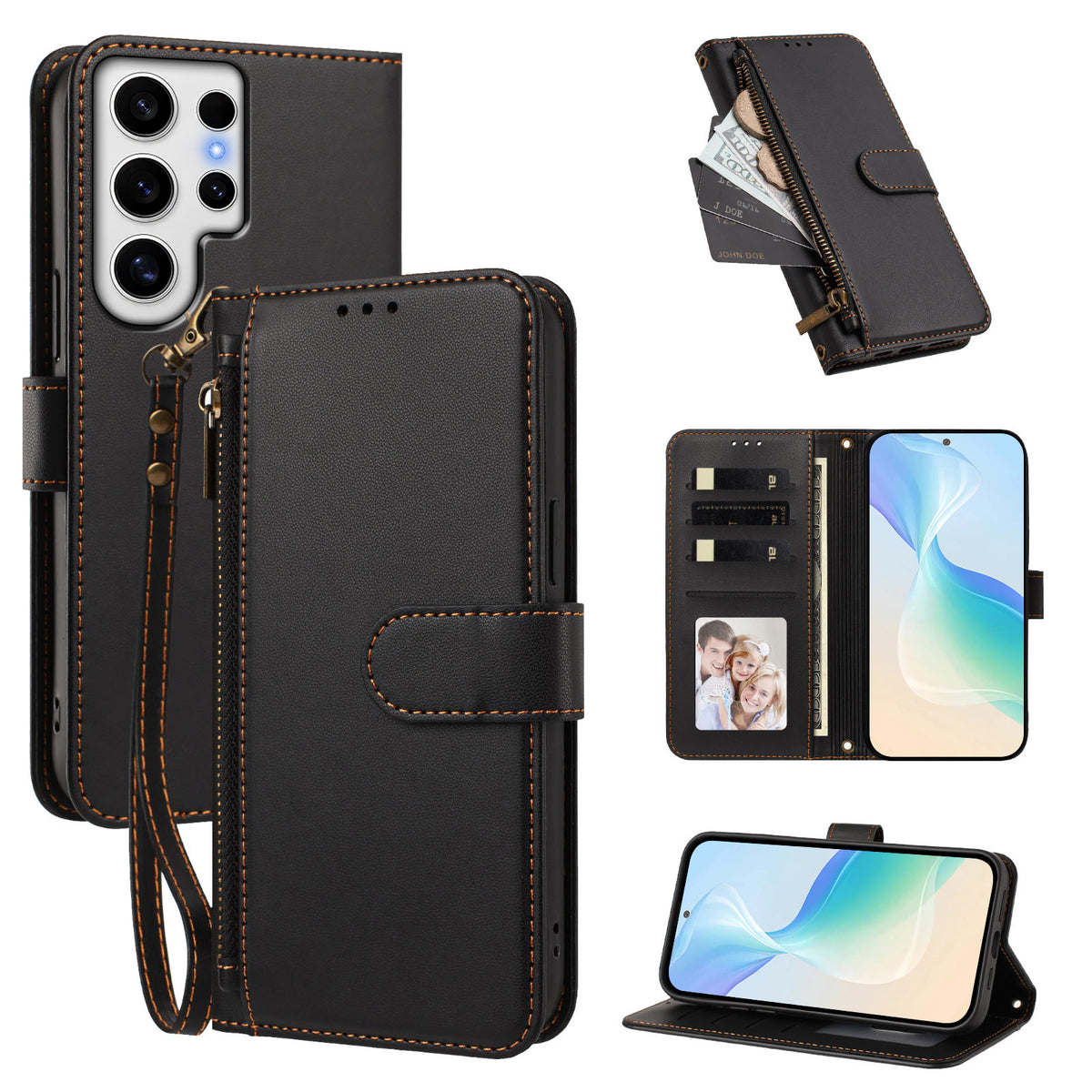 For Samsung Galaxy S24 Ultra Case 4 Card Slots Wallet Stand PU Leather Phone Cover with Wrist Strap
