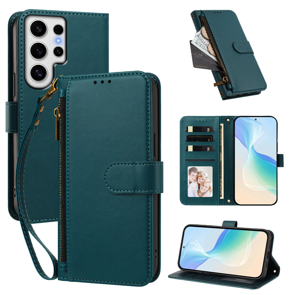 For Samsung Galaxy S24 Ultra Case 4 Card Slots Wallet Stand PU Leather Phone Cover with Wrist Strap