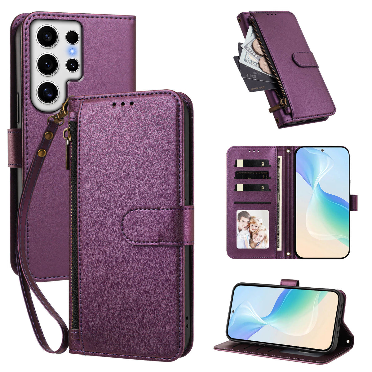 For Samsung Galaxy S24 Ultra Case 4 Card Slots Wallet Stand PU Leather Phone Cover with Wrist Strap