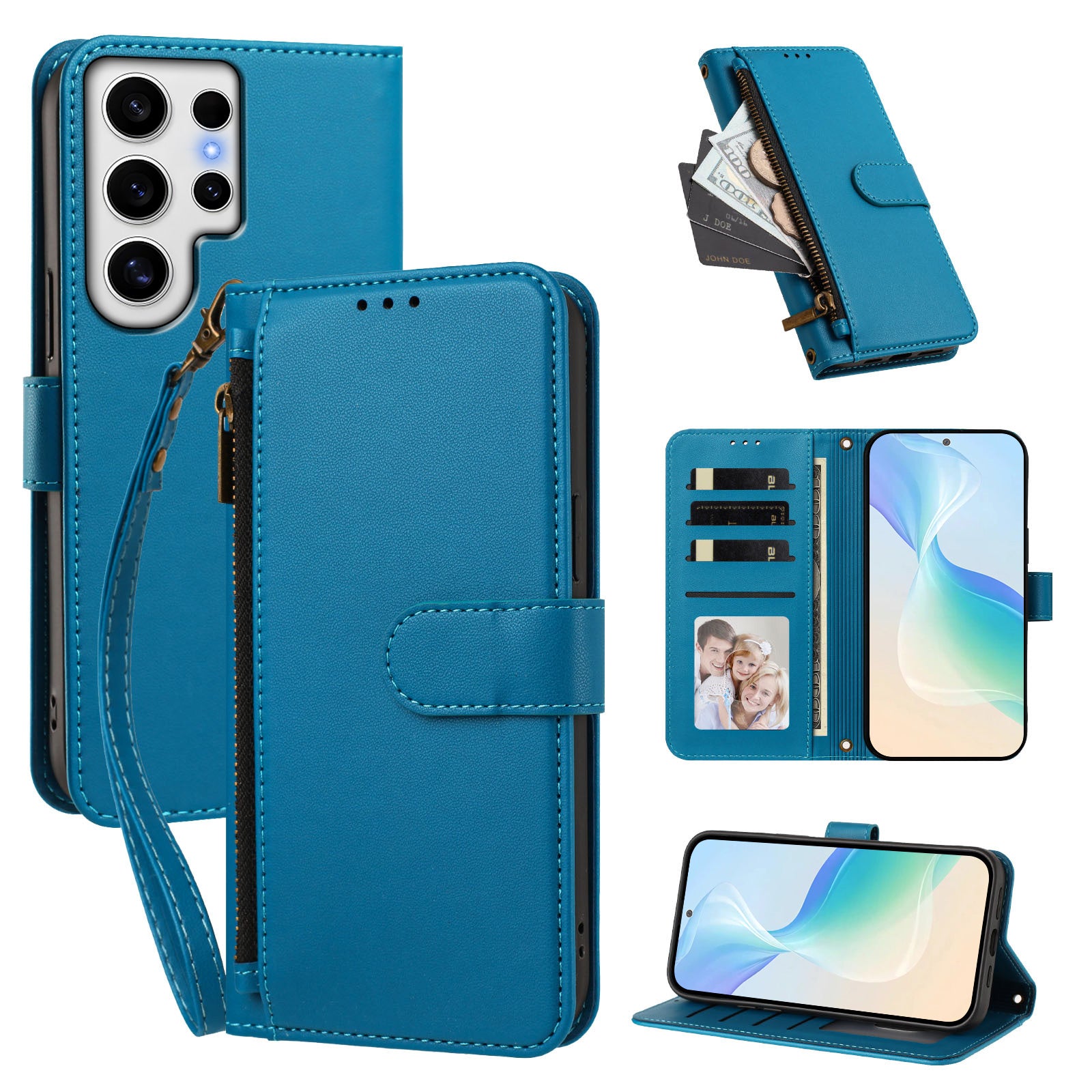 For Samsung Galaxy S24 Ultra Case 4 Card Slots Wallet Stand PU Leather Phone Cover with Wrist Strap