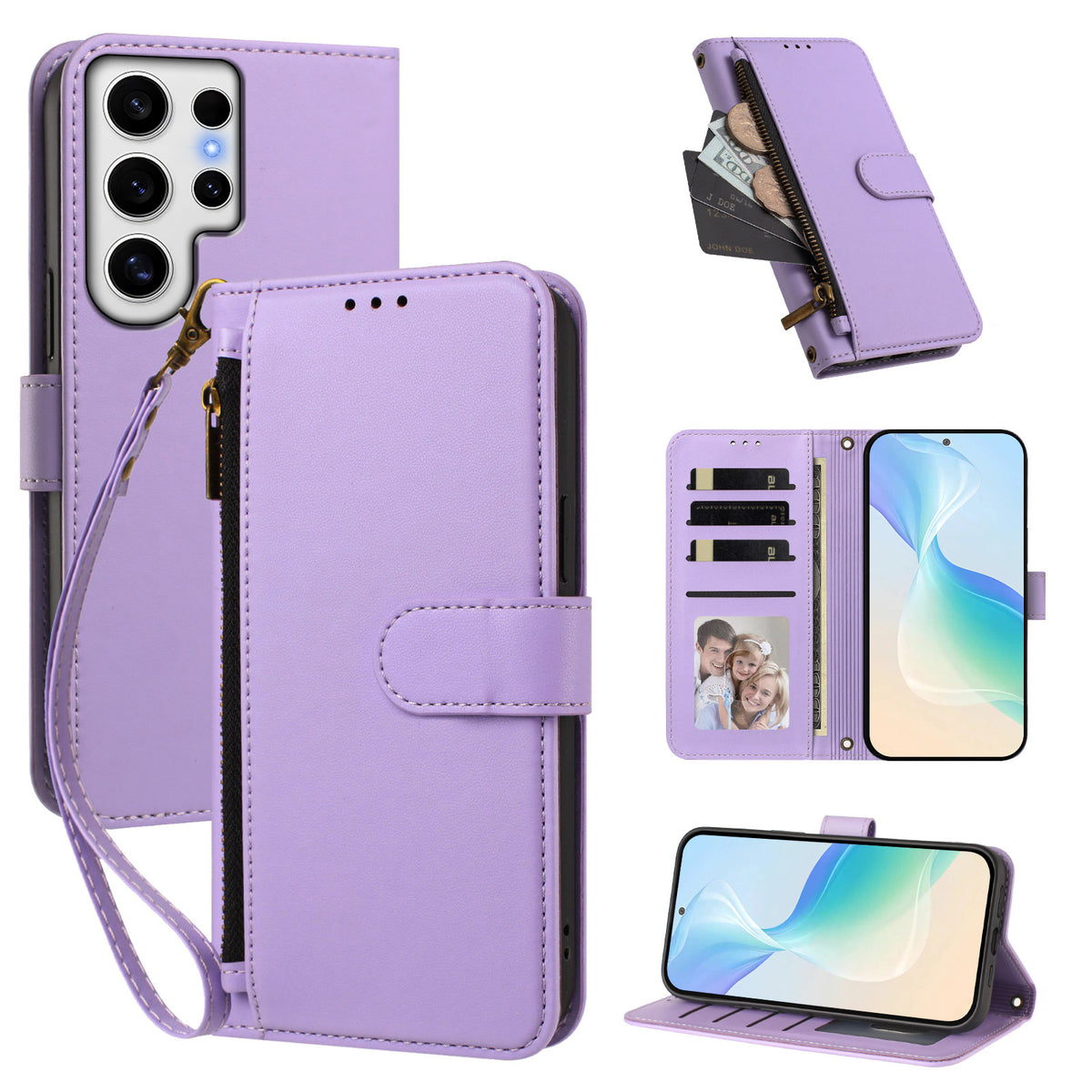 For Samsung Galaxy S24 Ultra Case 4 Card Slots Wallet Stand PU Leather Phone Cover with Wrist Strap