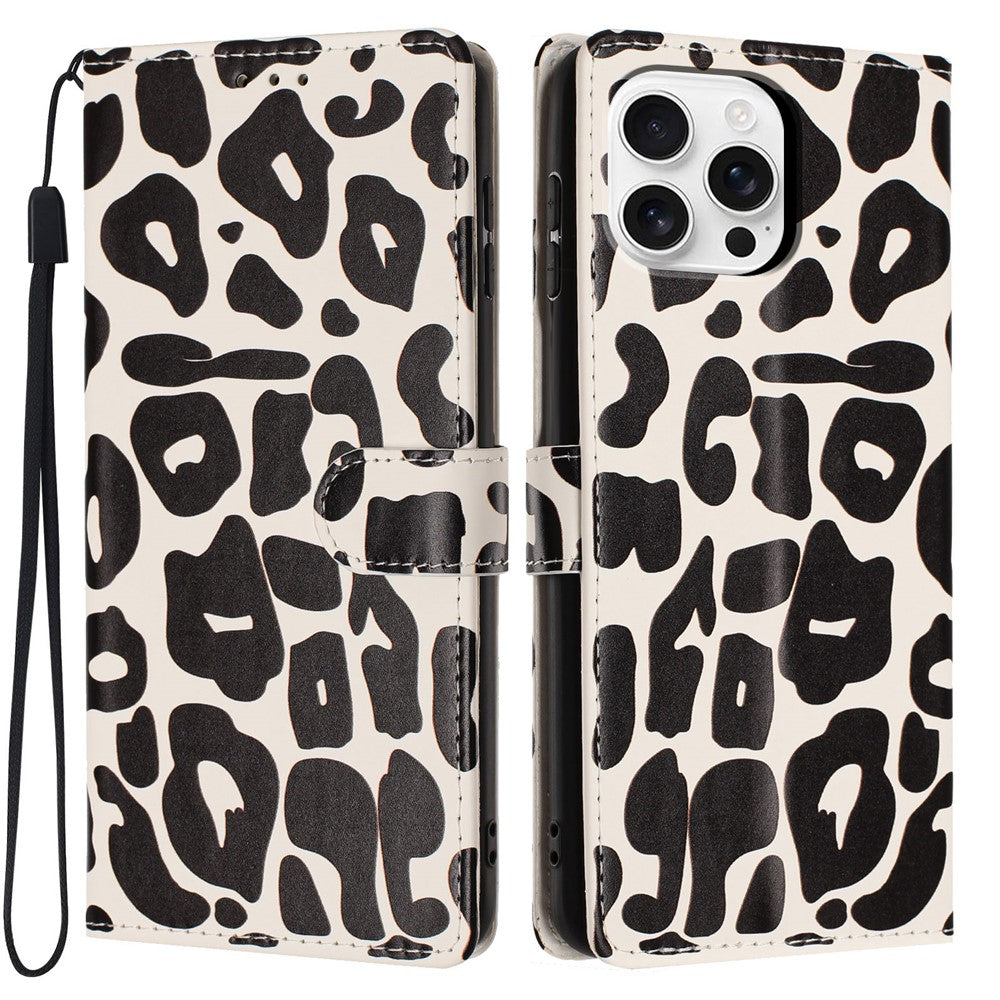 Til iPhone 16 Pro Cover Leopard Print Pung Stand Flip Læder Telefoncover med Håndrem