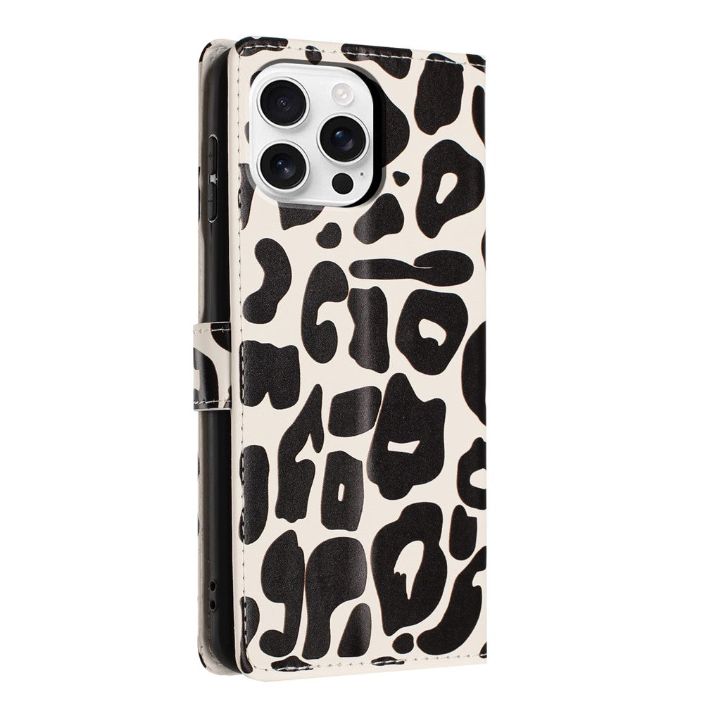 Til iPhone 16 Pro Cover Leopard Print Pung Stand Flip Læder Telefoncover med Håndrem