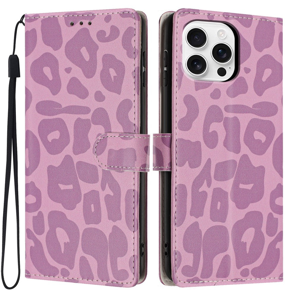 Til iPhone 16 Pro Cover Leopard Print Pung Stand Flip Læder Telefoncover med Håndrem