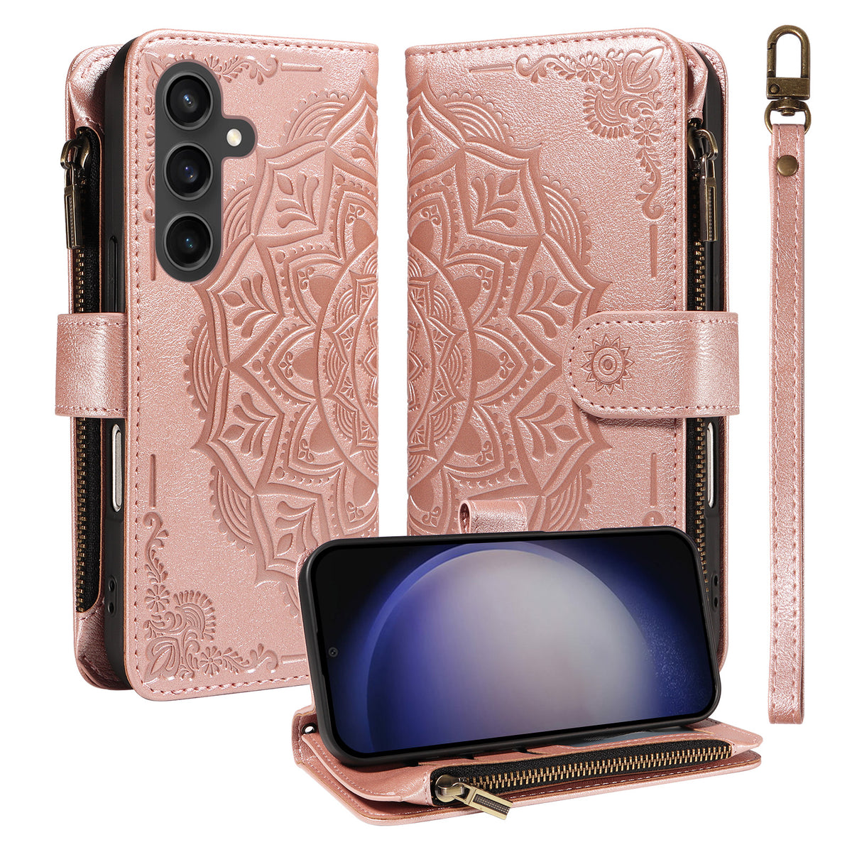 For Samsung Galaxy S23 FE Wallet Case 9 Card Slots RFID Blocking Mandala Embossed Leather Flip Cover with Wrist Strap