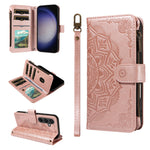 For Samsung Galaxy S23 FE Wallet Case 9 Card Slots RFID Blocking Mandala Embossed Leather Flip Cover with Wrist Strap