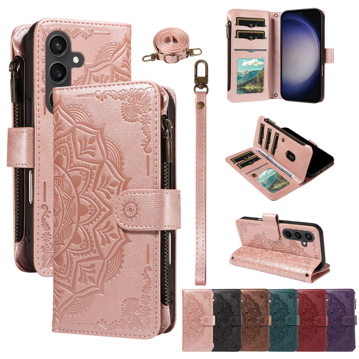 For Samsung Galaxy S23 FE Wallet Case 9 Card Slots RFID Blocking Mandala Embossed Leather Flip Cover with Wrist Strap