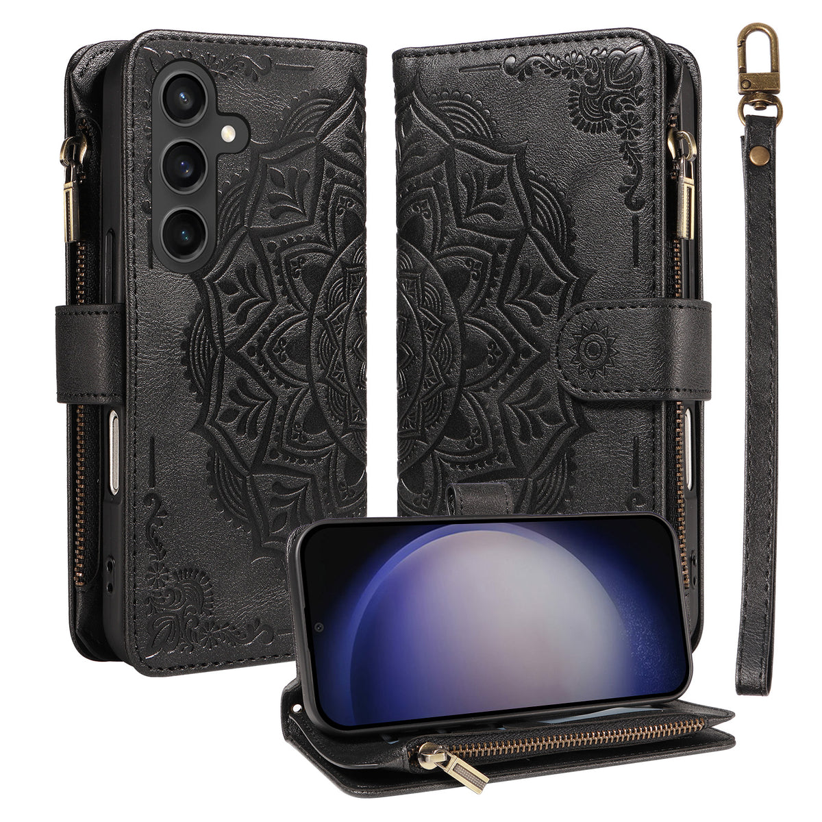 For Samsung Galaxy S23 FE Wallet Case 9 Card Slots RFID Blocking Mandala Embossed Leather Flip Cover with Wrist Strap