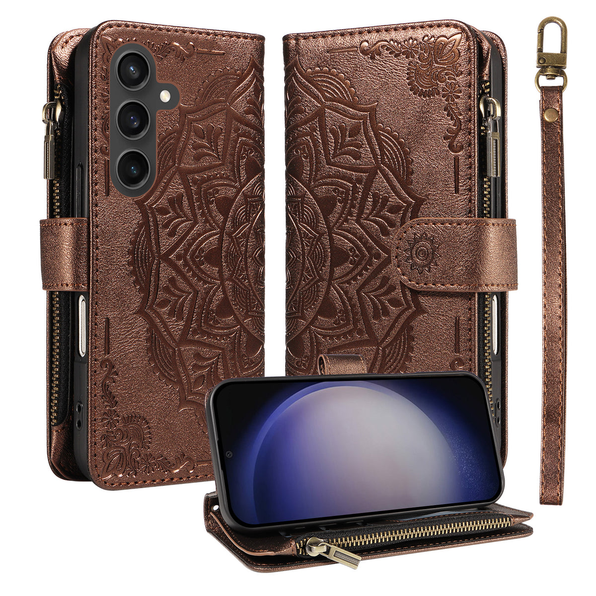 For Samsung Galaxy S23 FE Wallet Case 9 Card Slots RFID Blocking Mandala Embossed Leather Flip Cover with Wrist Strap