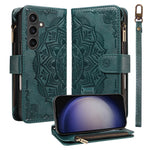 For Samsung Galaxy S23 FE Wallet Case 9 Card Slots RFID Blocking Mandala Embossed Leather Flip Cover with Wrist Strap