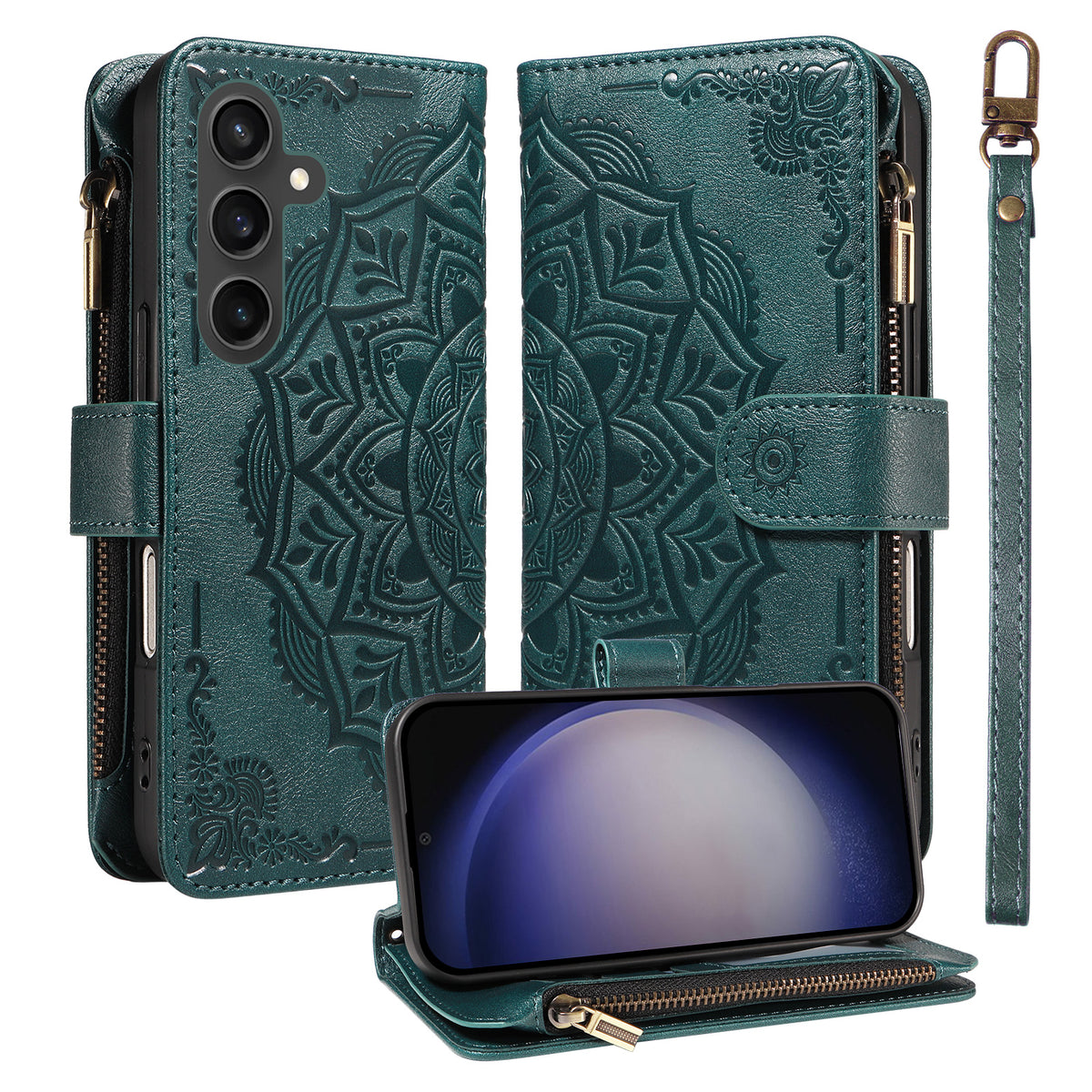 For Samsung Galaxy S23 FE Wallet Case 9 Card Slots RFID Blocking Mandala Embossed Leather Flip Cover with Wrist Strap