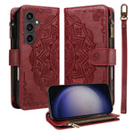 For Samsung Galaxy S23 FE Wallet Case 9 Card Slots RFID Blocking Mandala Embossed Leather Flip Cover with Wrist Strap