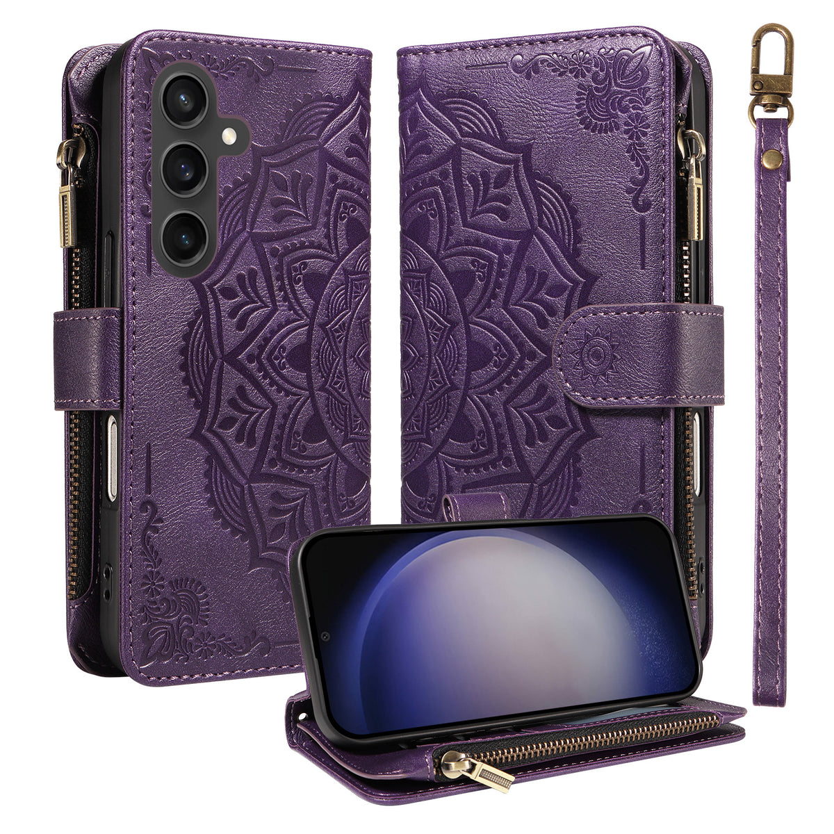 For Samsung Galaxy S23 FE Wallet Case 9 Card Slots RFID Blocking Mandala Embossed Leather Flip Cover with Wrist Strap