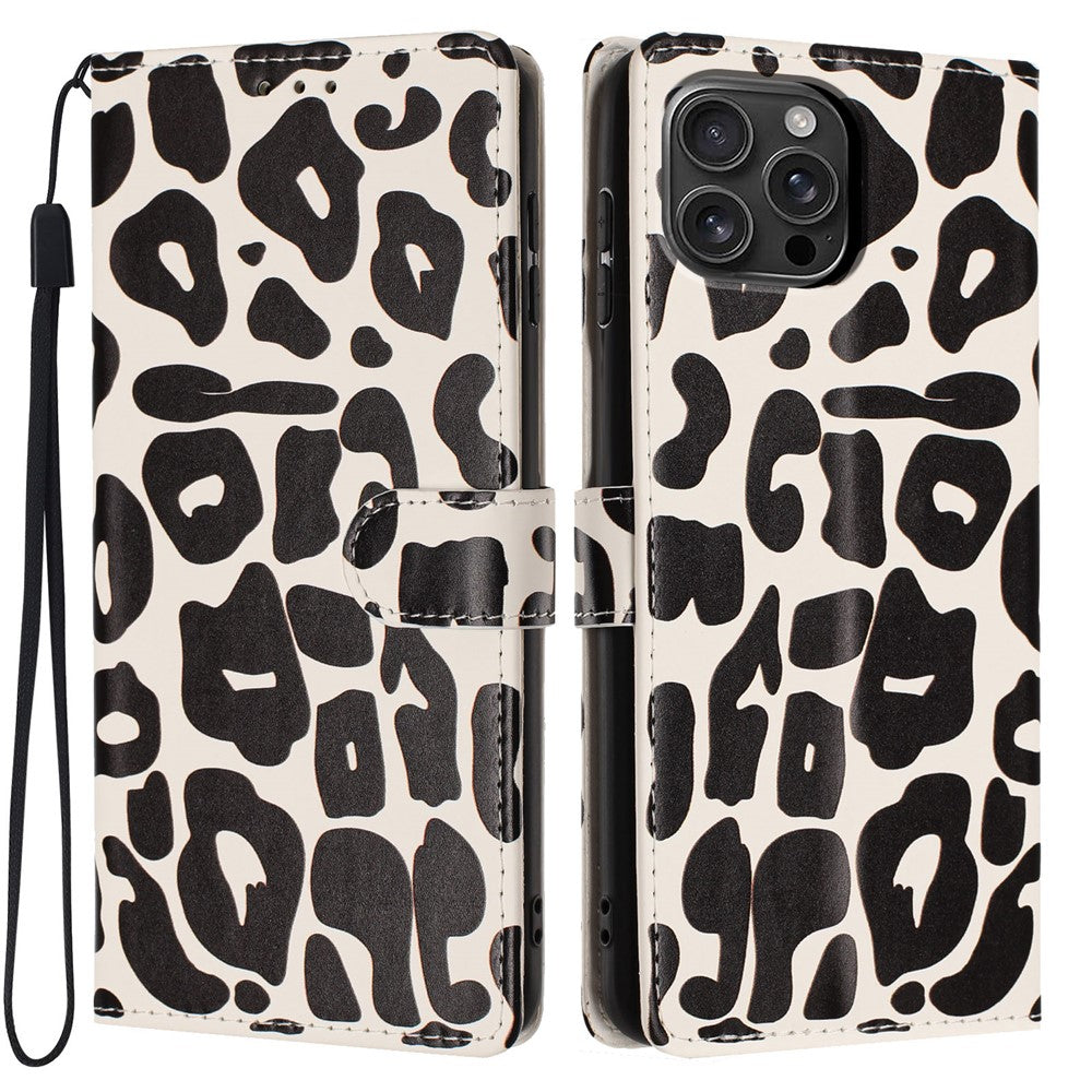 For iPhone 16 Pro Max Case Leopard Print Wallet Stand Flip Leather Phone Cover with Wrist Strap