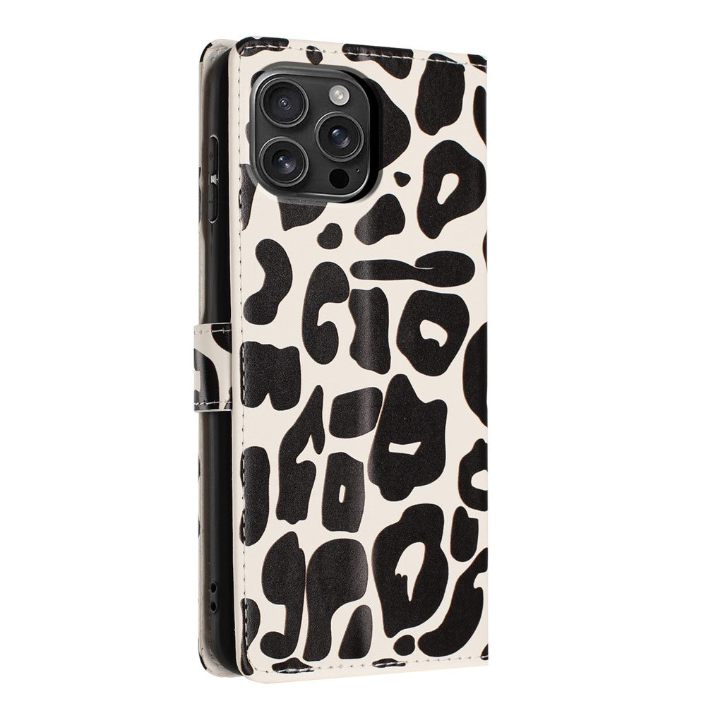 For iPhone 16 Pro Max Case Leopard Print Wallet Stand Flip Leather Phone Cover with Wrist Strap
