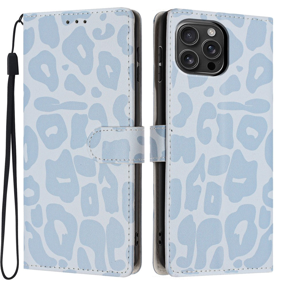 For iPhone 16 Pro Max Case Leopard Print Wallet Stand Flip Leather Phone Cover with Wrist Strap