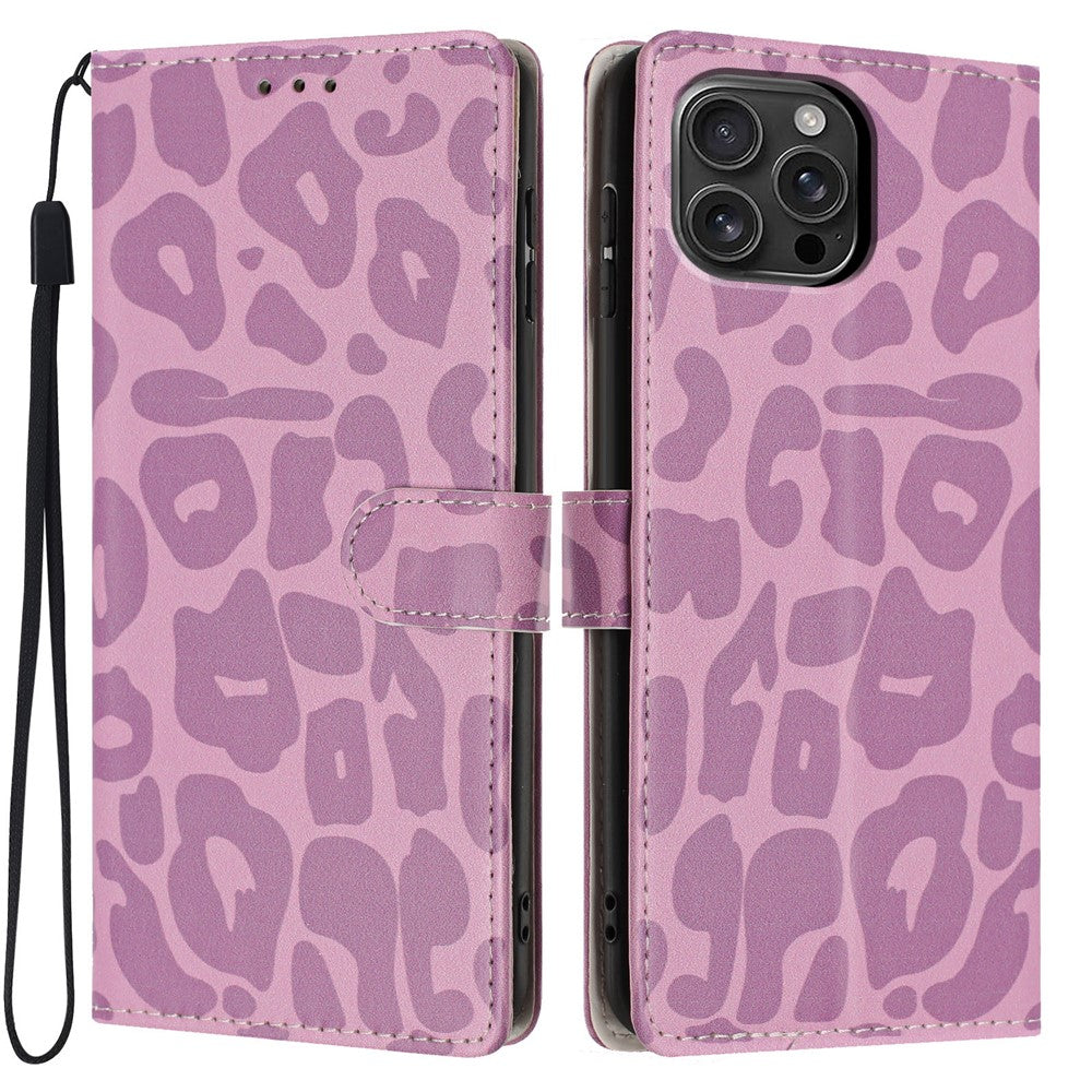 For iPhone 16 Pro Max Case Leopard Print Wallet Stand Flip Leather Phone Cover with Wrist Strap