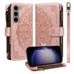 For Samsung Galaxy S23 Wallet Case 9 Card Slots RFID Blocking Mandala Embossed Leather Flip Cover with Wrist Strap
