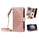 For Samsung Galaxy S23 Wallet Case 9 Card Slots RFID Blocking Mandala Embossed Leather Flip Cover with Wrist Strap
