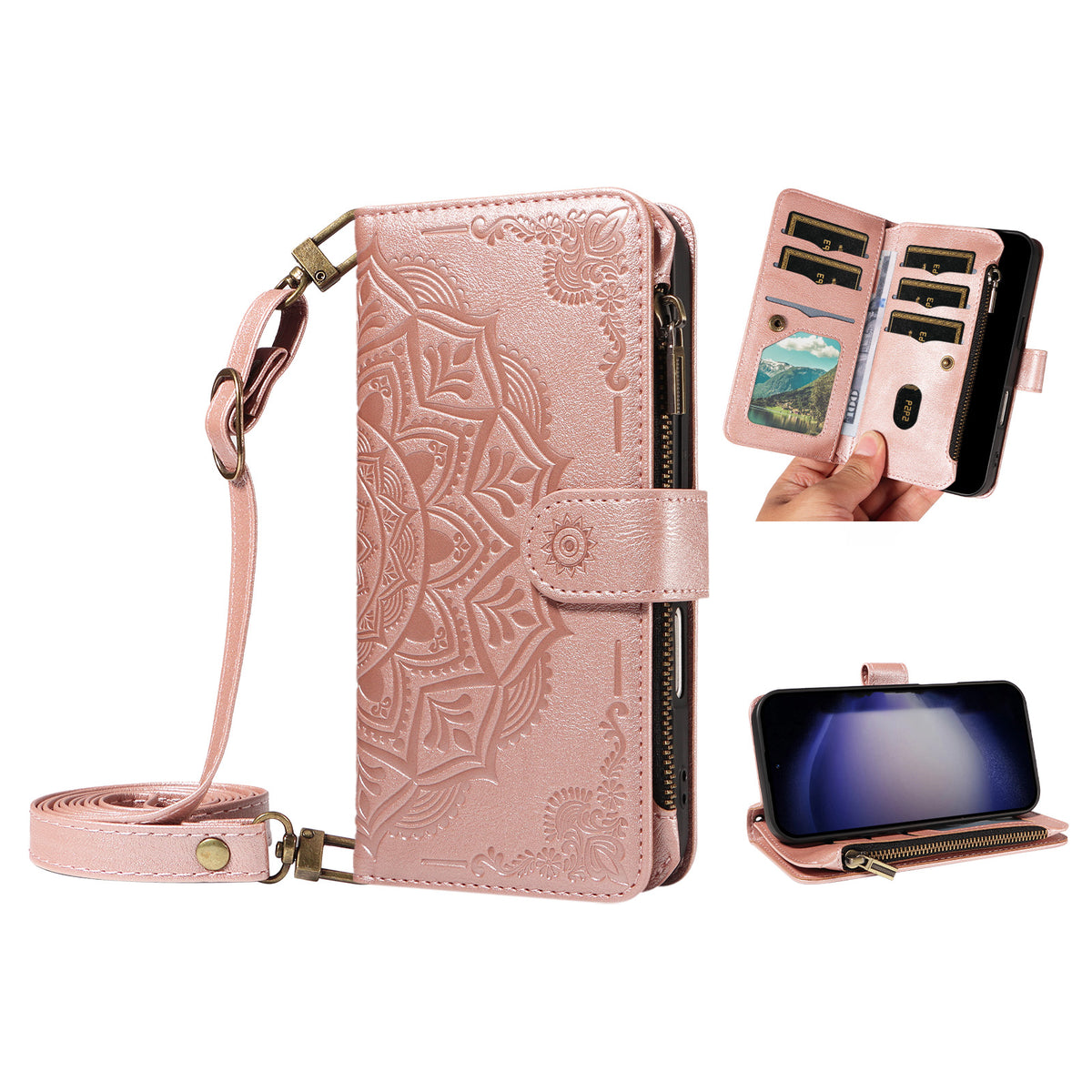 For Samsung Galaxy S23 Wallet Case 9 Card Slots RFID Blocking Mandala Embossed Leather Flip Cover with Wrist Strap