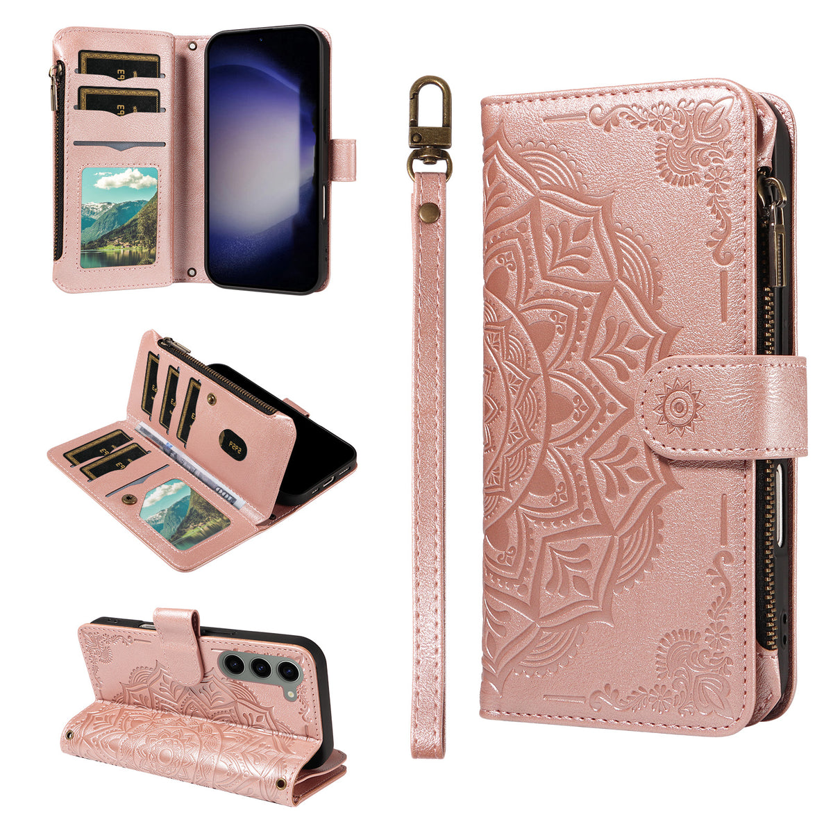 For Samsung Galaxy S23 Wallet Case 9 Card Slots RFID Blocking Mandala Embossed Leather Flip Cover with Wrist Strap