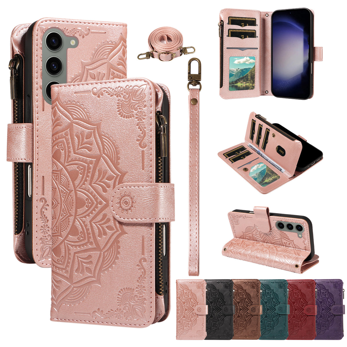 For Samsung Galaxy S23 Wallet Case 9 Card Slots RFID Blocking Mandala Embossed Leather Flip Cover with Wrist Strap
