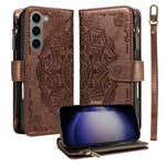 For Samsung Galaxy S23 Wallet Case 9 Card Slots RFID Blocking Mandala Embossed Leather Flip Cover with Wrist Strap