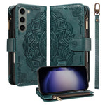 For Samsung Galaxy S23 Wallet Case 9 Card Slots RFID Blocking Mandala Embossed Leather Flip Cover with Wrist Strap