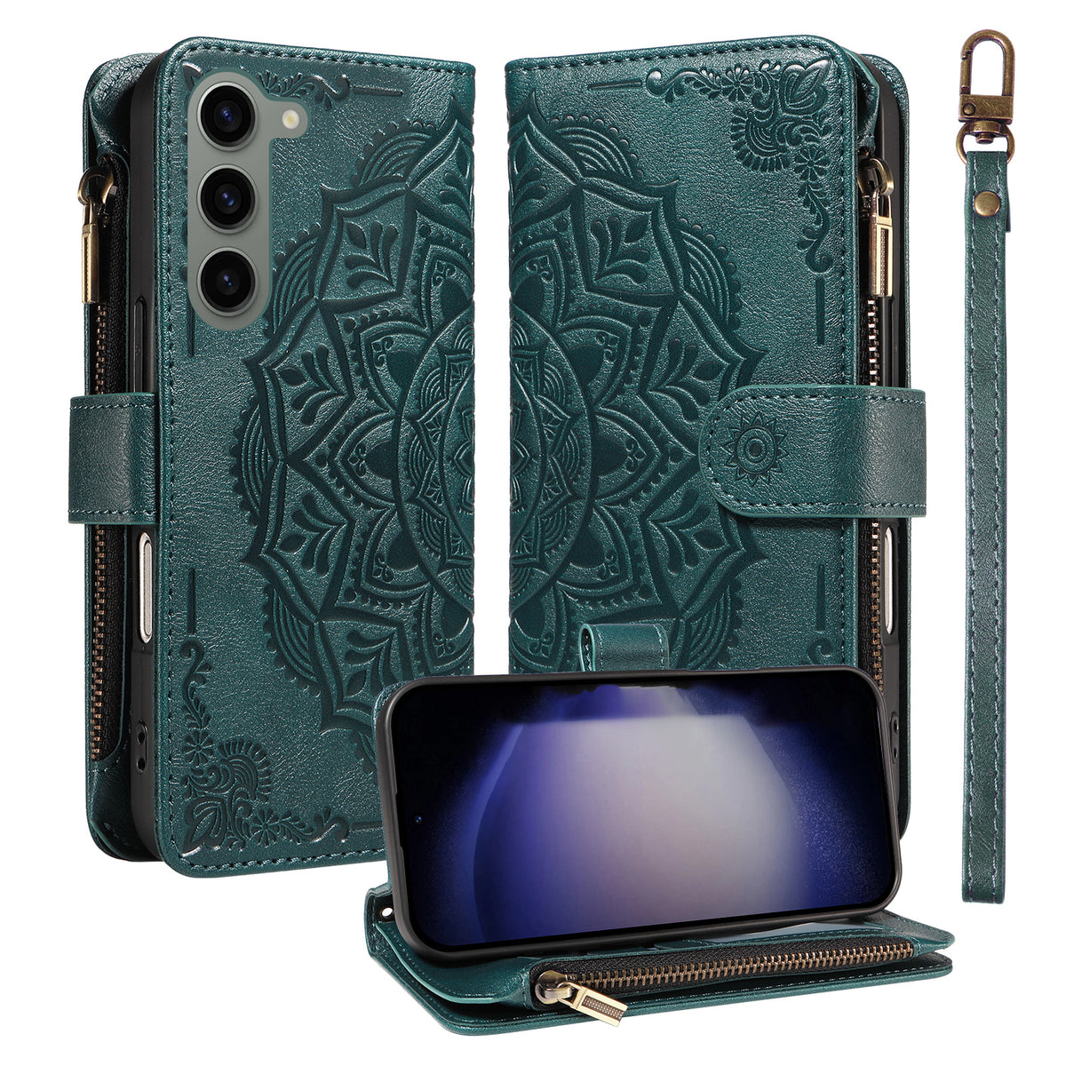 For Samsung Galaxy S23 Wallet Case 9 Card Slots RFID Blocking Mandala Embossed Leather Flip Cover with Wrist Strap