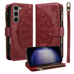 For Samsung Galaxy S23 Wallet Case 9 Card Slots RFID Blocking Mandala Embossed Leather Flip Cover with Wrist Strap