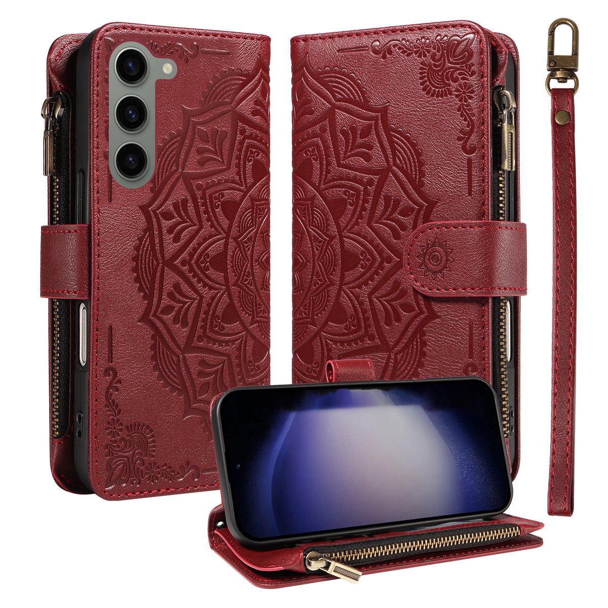 For Samsung Galaxy S23 Wallet Case 9 Card Slots RFID Blocking Mandala Embossed Leather Flip Cover with Wrist Strap