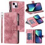 For iPhone 13 mini 5.4 inch PU Leather Mandala Flower Imprinted Wallet Case Multiple Card Slots Magnetic Closure Zipper Pocket Stand Cover with Strap
