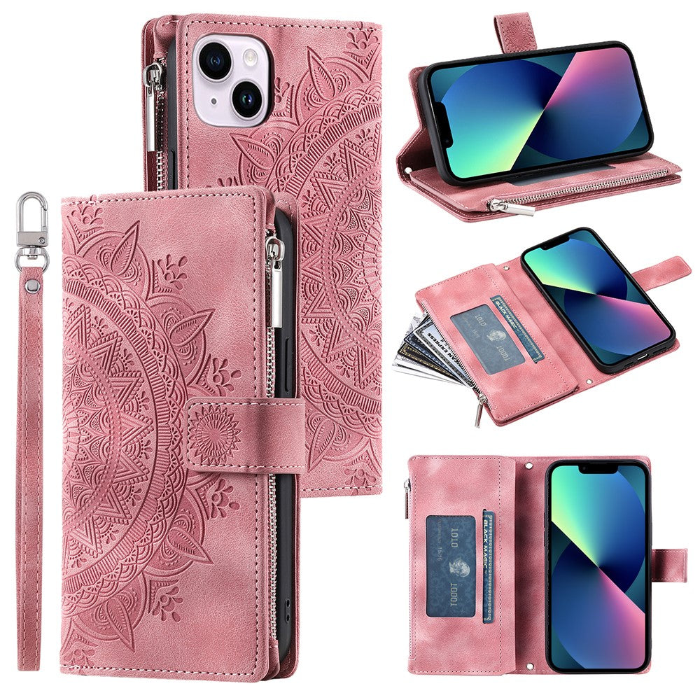 For iPhone 13 mini 5.4 inch PU Leather Mandala Flower Imprinted Wallet Case Multiple Card Slots Magnetic Closure Zipper Pocket Stand Cover with Strap