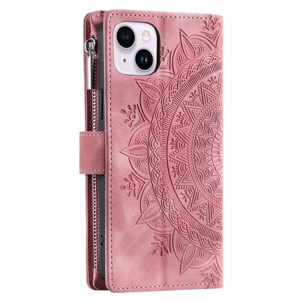 For iPhone 13 mini 5.4 inch PU Leather Mandala Flower Imprinted Wallet Case Multiple Card Slots Magnetic Closure Zipper Pocket Stand Cover with Strap