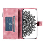 For iPhone 13 mini 5.4 inch PU Leather Mandala Flower Imprinted Wallet Case Multiple Card Slots Magnetic Closure Zipper Pocket Stand Cover with Strap