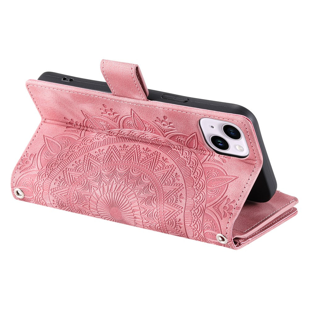 For iPhone 13 mini 5.4 inch PU Leather Mandala Flower Imprinted Wallet Case Multiple Card Slots Magnetic Closure Zipper Pocket Stand Cover with Strap