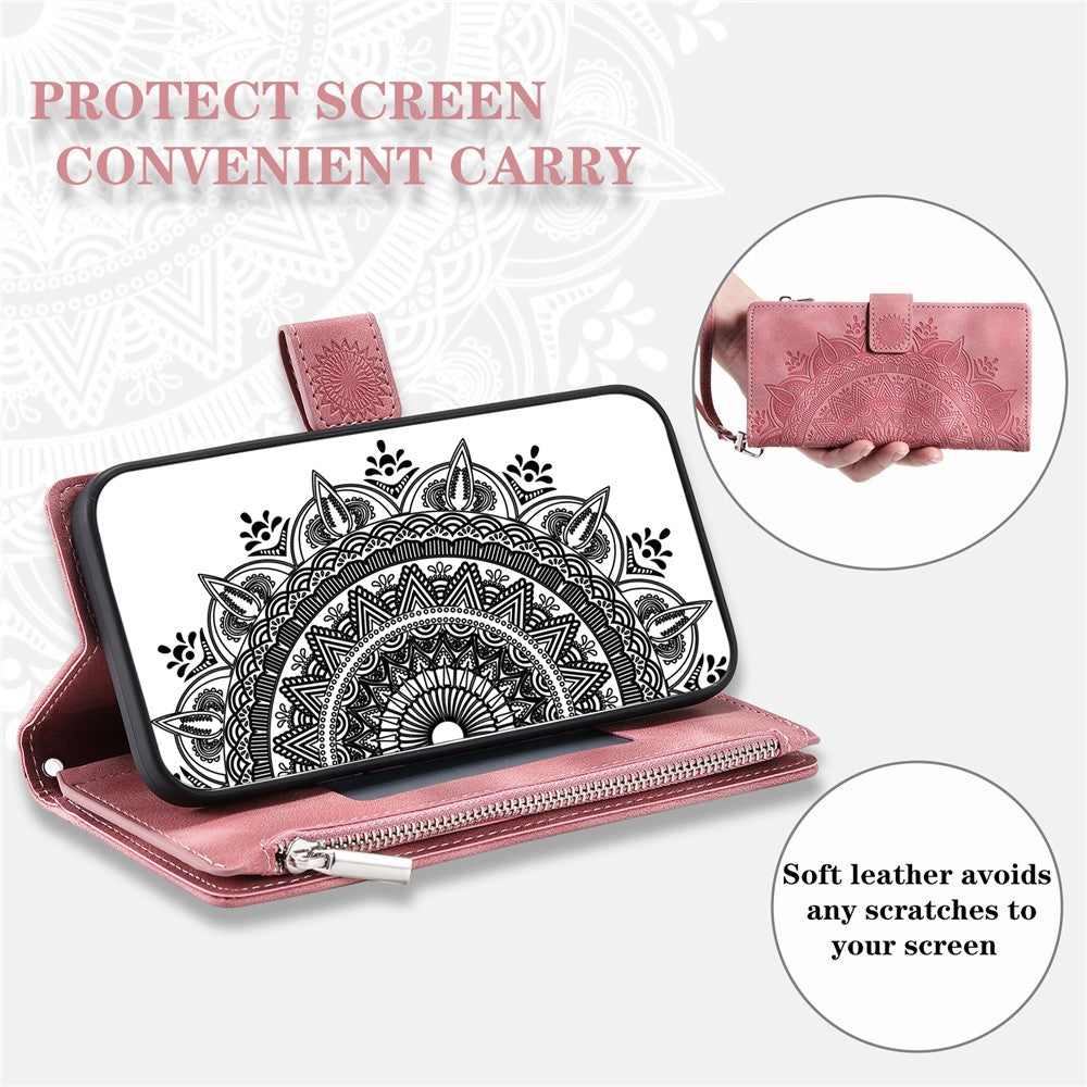 For iPhone 13 mini 5.4 inch PU Leather Mandala Flower Imprinted Wallet Case Multiple Card Slots Magnetic Closure Zipper Pocket Stand Cover with Strap